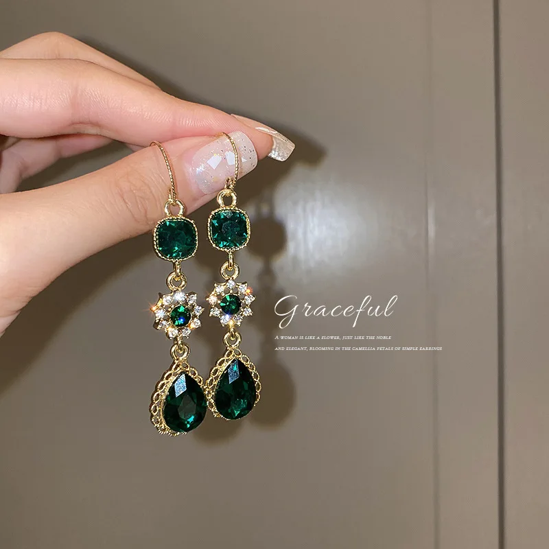 

Korean Long Diamond-encrusted Emerald Ear Hook Earrings Water Drop Flower Zircon Vintage Elegant Light Luxury For Women
