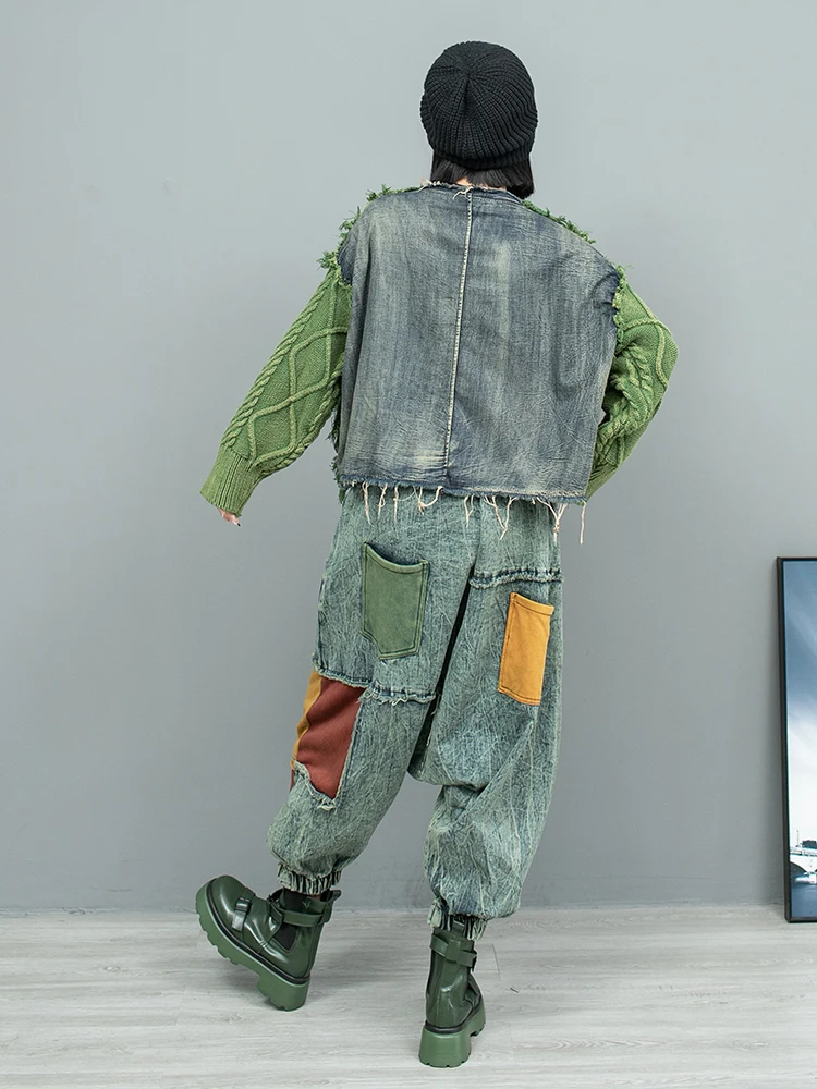 Женский джинсовый свитер с круглым вырезом и джинсы вязаный шерстяной костюм из