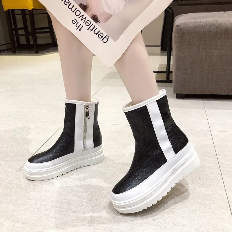 Snow Boots New Women's Winter Shoes Thick Sole Plaforms Ankle Boot Round Toe Thick Plush Warm Cotton Shoe Side Zip Silver Black
