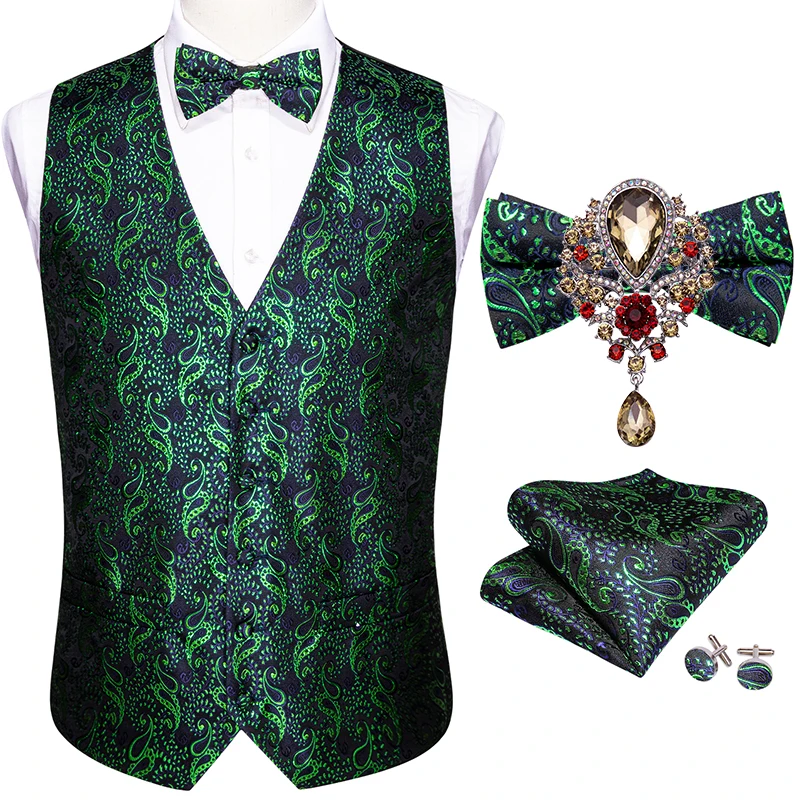 

5PC Designer Mens Wedding Suit Vest Classic Green Paisley Jacquard Folral Silk Waistcoat Butterfly Vest Brooches Set Barry.Wang