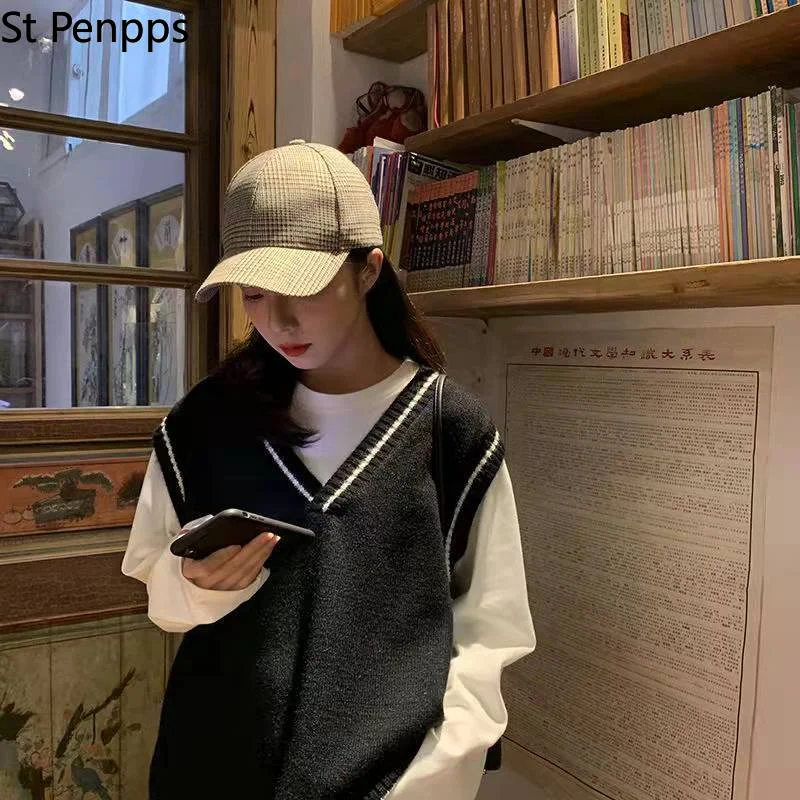 Женский жилет в Корейском стиле простой Универсальный вязаный свитер пэчворк с