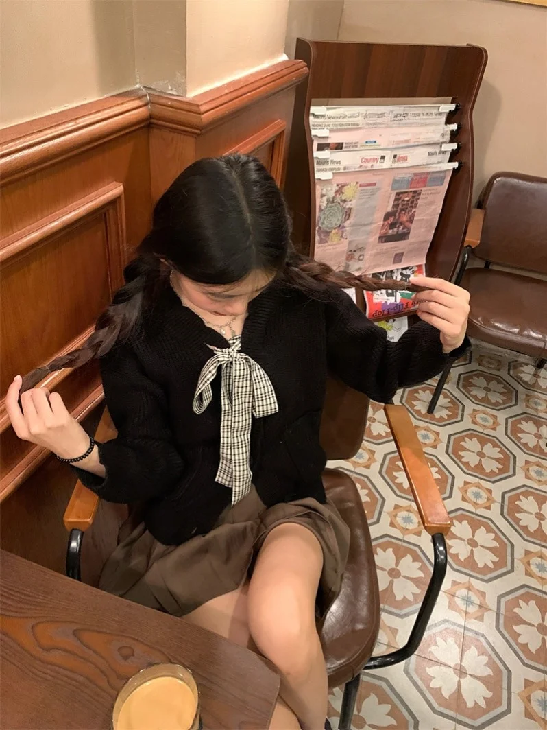 Pphome Нежный свитер на шнуровке с бантом вязаный кардиган женский осенний милый