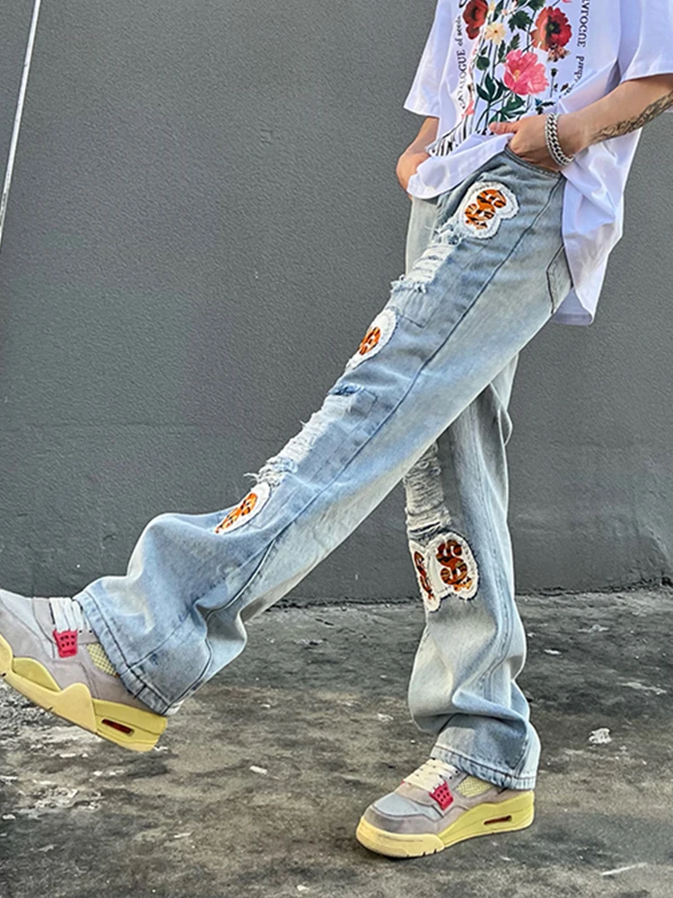 Men's Jeans Y2K Fashion Distressed Holes Patched  Loose Denim Casual Pants Streetwear Hombre Ripped Straight Baggy Jeans For Men