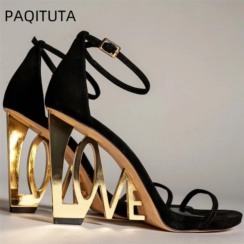 

Fretwork Love-Letter Strange Heel Sandals Women Luxury Suede One-Strap Open Toe Summer Party Shoes For Girls