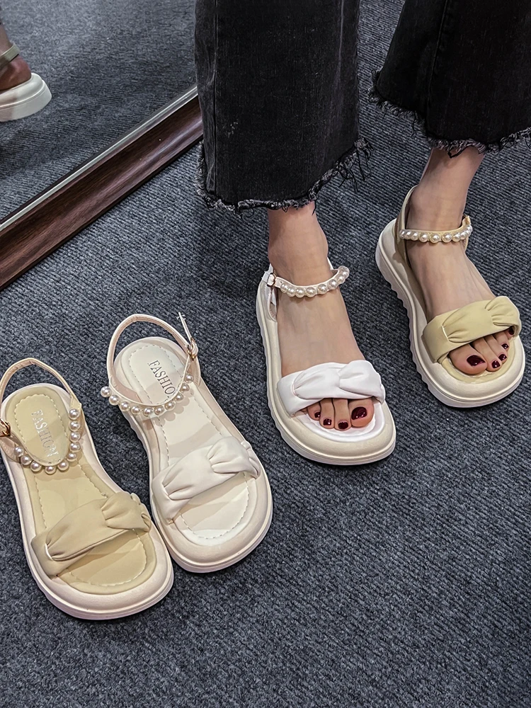 Low Sandals Woman Leather Buckle Strap Beach Shoes Clogs Wedge Suit Female Beige Clear Heels 2023 Summer Low-heeled Pearl Comfor