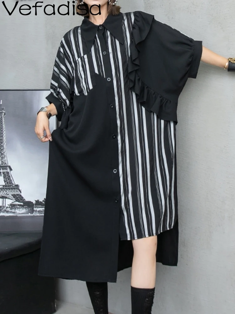 

Vefadisa 2023 New Fashion Stripe Shoulder Drop Short Sleeve Dress Women Summer Personalized Irregular Trendy Girl Dress ZY1077