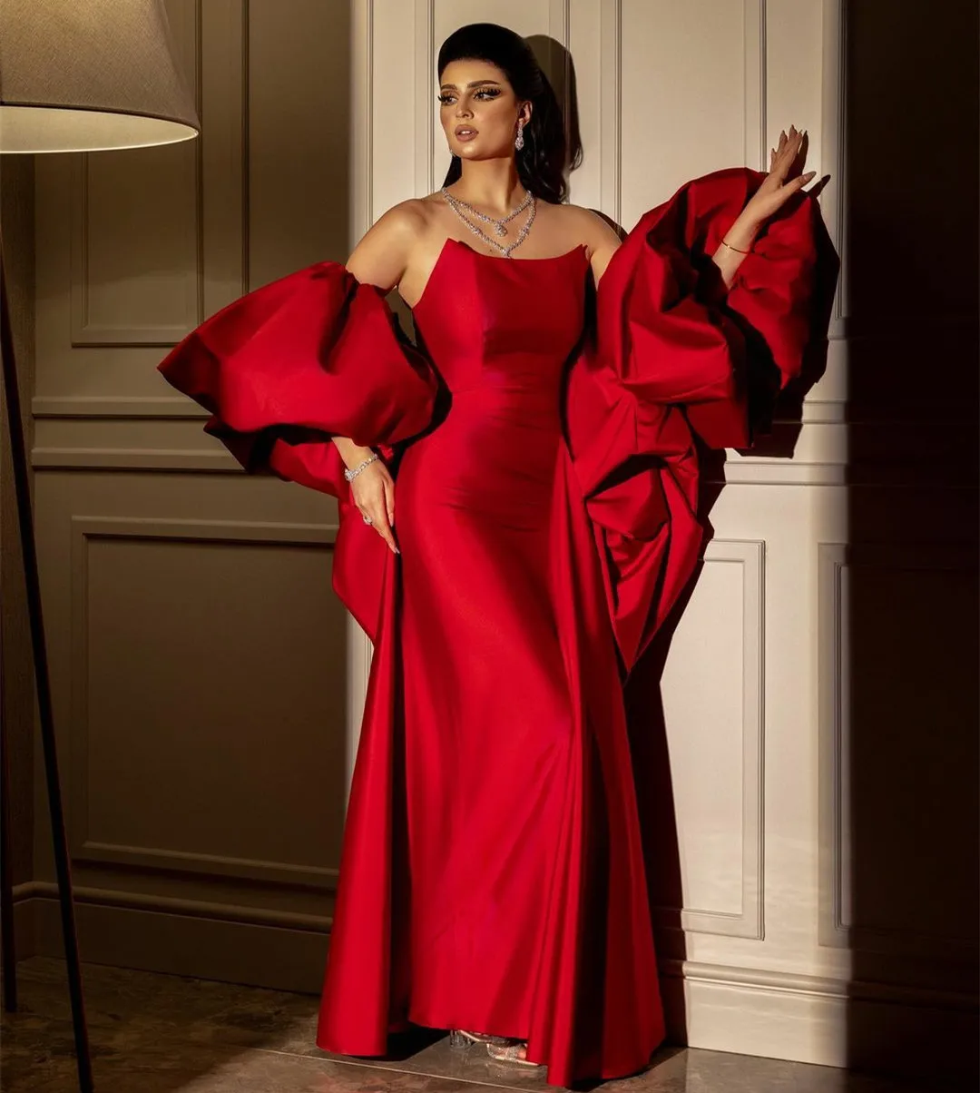 

Женское вечернее платье с юбкой годе, Элегантное Длинное Красное платье из тафты с пышными рукавами, без бретелек, длиной до пола, официальное платье для вечеринки