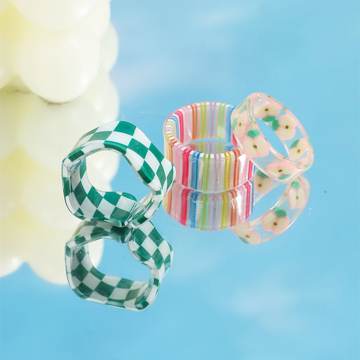 Fashion Ins Style 2022 New Acrylic Checkerboard Rings Suit For Women ResinAcetate Open Rings Girl Birthday Party Jewelry Gift