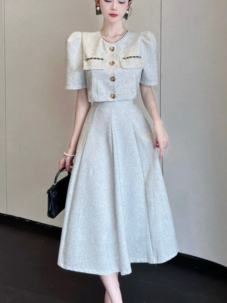 

Small Fragrance Two-Piece Set Women Puff Sleeve Shirt Blouse Crop Top + High Waist Long Skirt Sets Fashion Vintage 2 Piece Suits