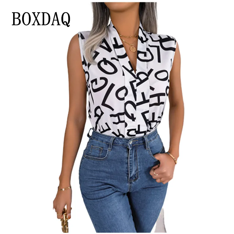 

Summer Letter Print Blouses For Women 2023 Fashion V Neck Elegant Office Work Lady Shirt Casual Trend Streetwear Sleeveless Tops