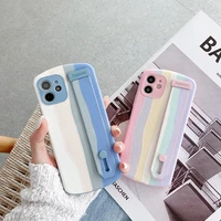 litchi genuine leather wrist strap stand phone case for iphone 12 13 pro max phone case leather rainbow stripe wrist strap case