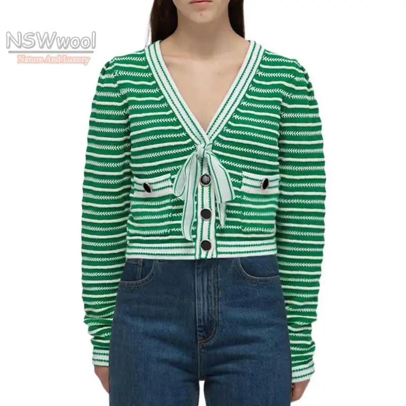 

2022 Spring New Arrival Woman Striped Bow V-neck Knitted Cardigan &Skirt France Style