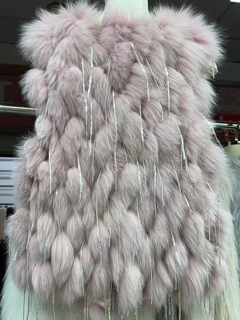 brand genuine Luxury 2023 New Real Coat Winter Jacket Women Natural Fox Vest Fur Strip Sewed Toghter Thick Warm Tassel Outerwear