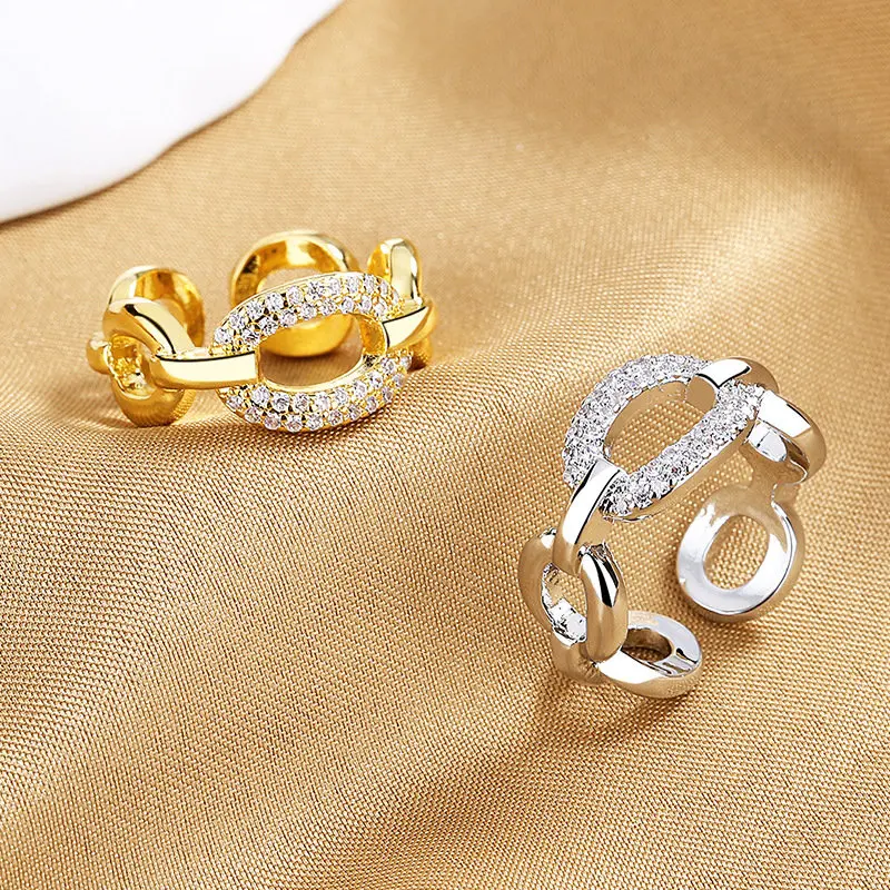 

S925 Sterling Silver Fine Exaggerated Chain Zircon Ring For Women Couple Fashion Charm Wedding Anniversary Jewelry