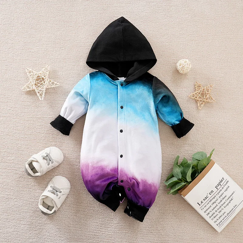 

Clothes Girl Colorful Casual Baby Boy Onesie Autumn New Tie-dye Baby Crawler Long Sleeve Cap Baby Romper Newborn Baby Clothes
