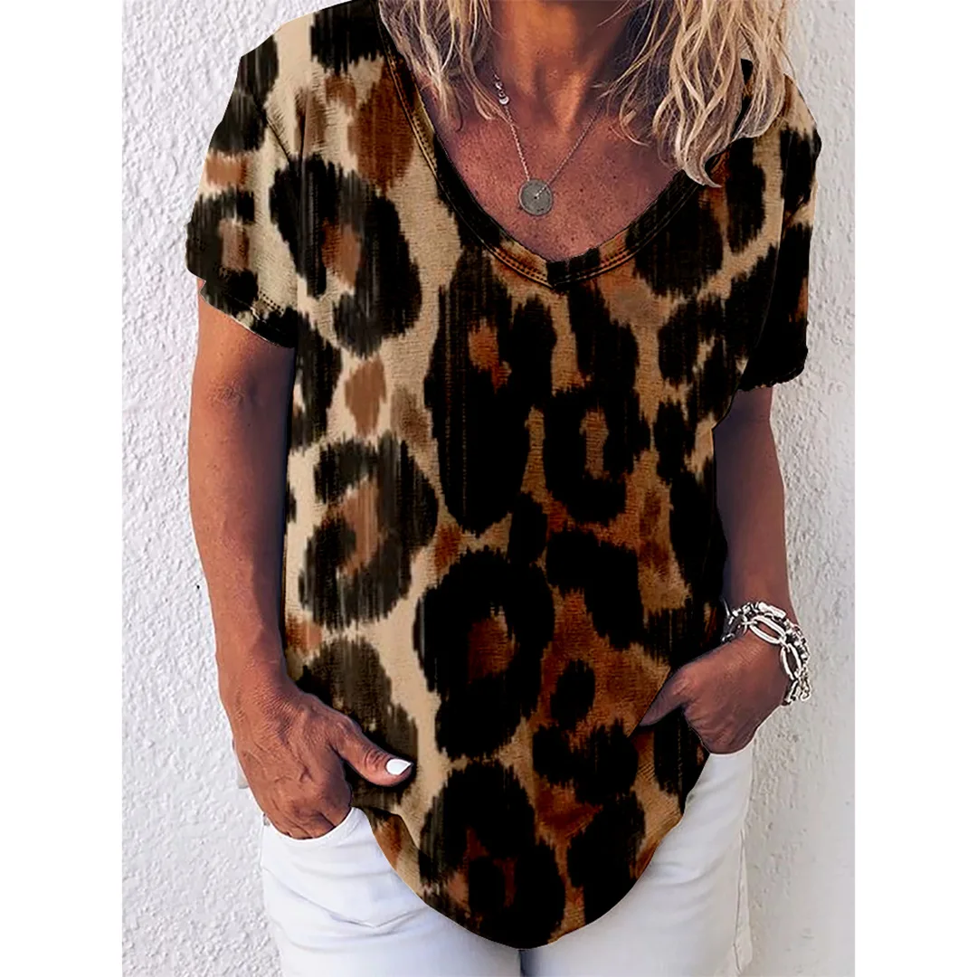 

Leopard Print T Shirt Women's Fashion Oversized T-shirts Short Sleeve Tops Tees Loose Casual Tshirt Sexy Girl Tshirt V-neck Top