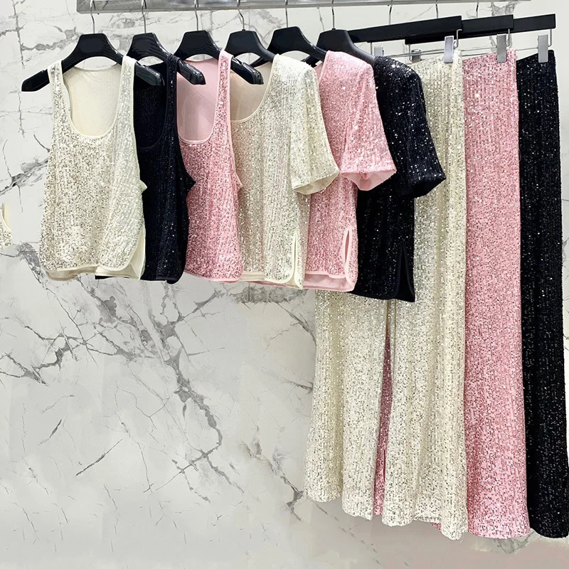 

23 Summer Women Fashion Sequin T-shirt Pants 2 Piece Set Loose Sleeveless Vest O-neck Short Sleeve Tees High Waist Wid-leg Pants