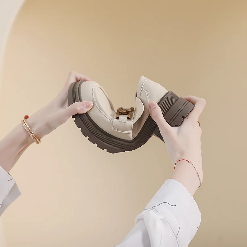 Chunky Loafers Women Microfiber Leather Platform Shoes Round Toe Metal Chain Slip on Ladies 5cm Flats