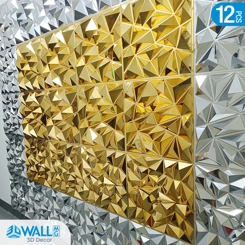 

12 pcs 50x50cm car Metal plating color 3D Wall Panel gold luxurious electroplate 3D Wall Stickers Wedding party background wall