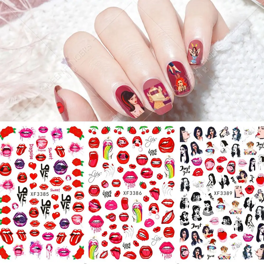 

New Self-Adhesive Valentines Red Lips Nail Stickers 3D Love Heart Decals