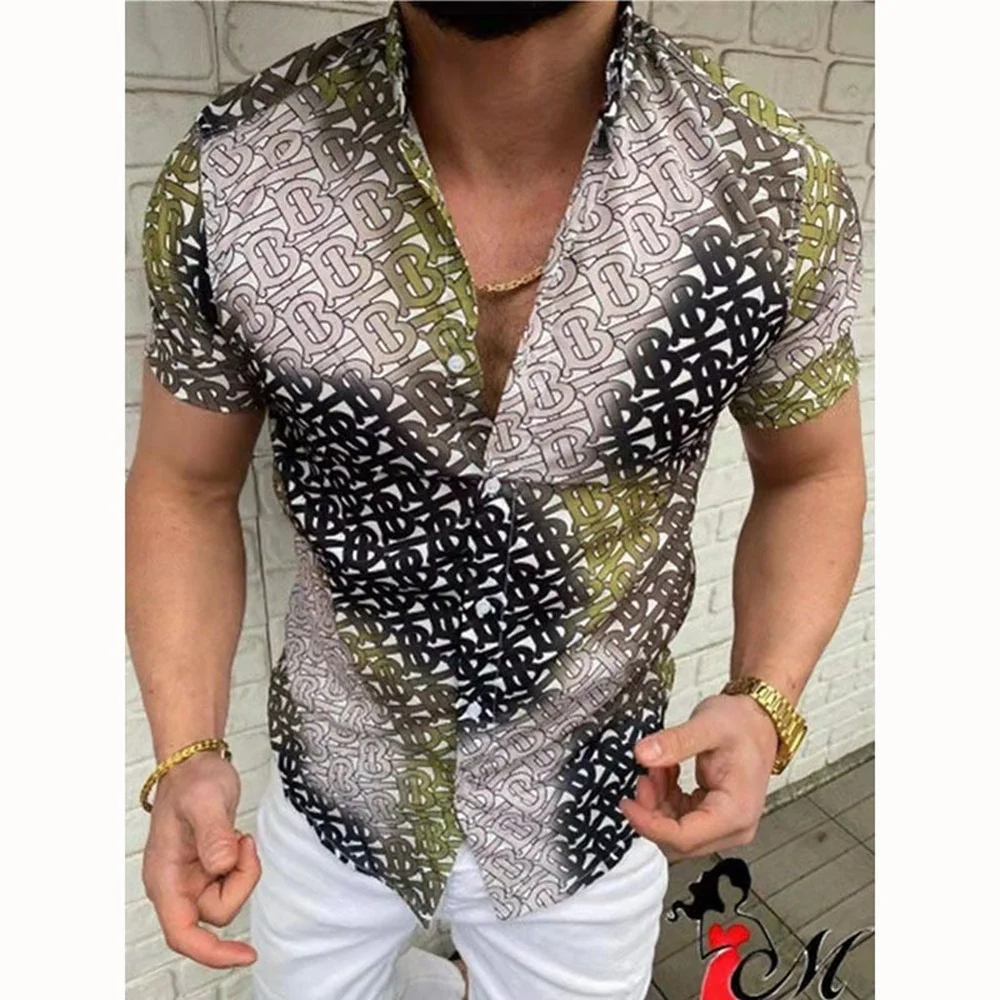 Men's European Size Printed Short Sleeve Shirt Cardigan