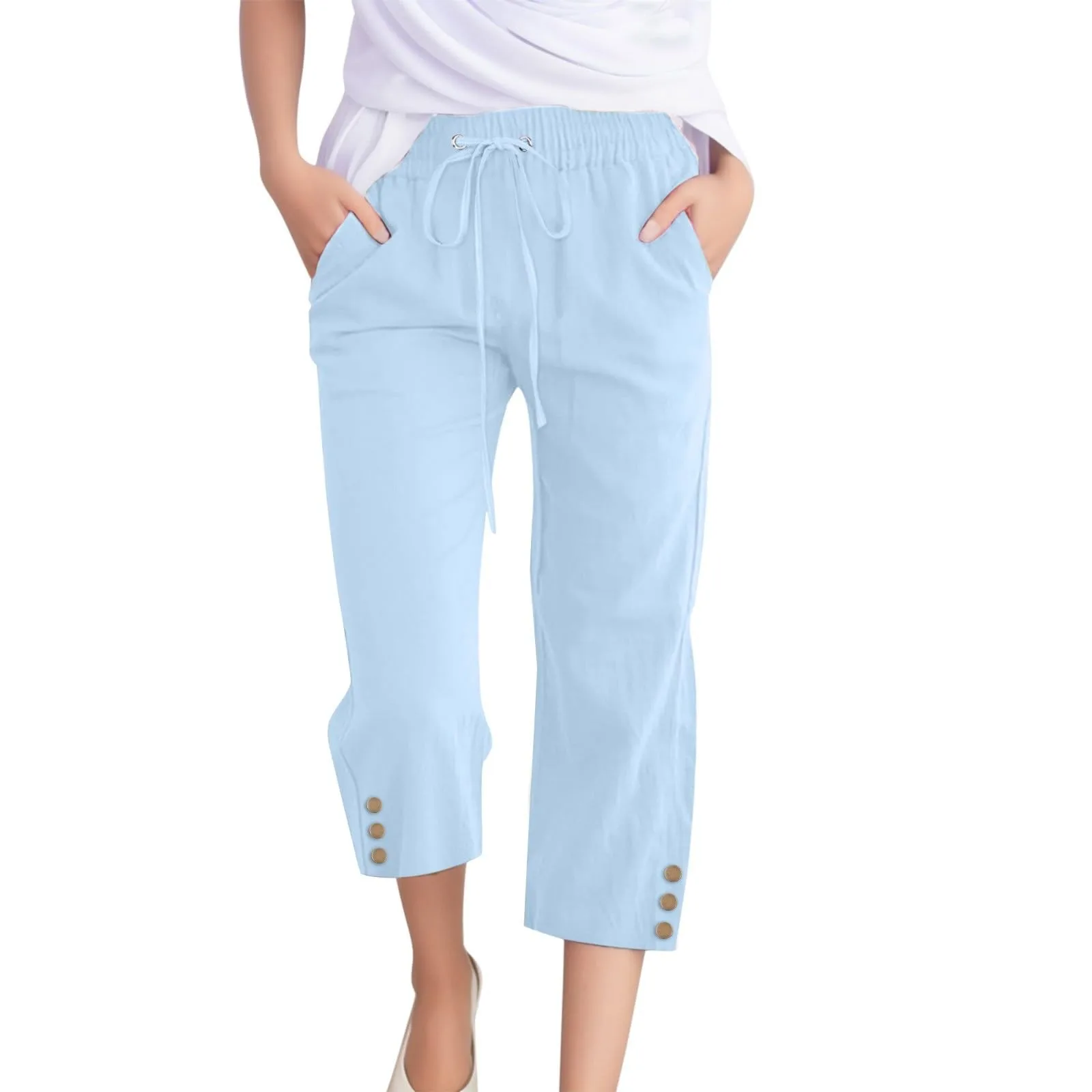 

Pants For Women Casual Summer Soild Color Elastic High Waist Cotton And Linen Loose Pants Drawstring Pocket Mid Leg Pants