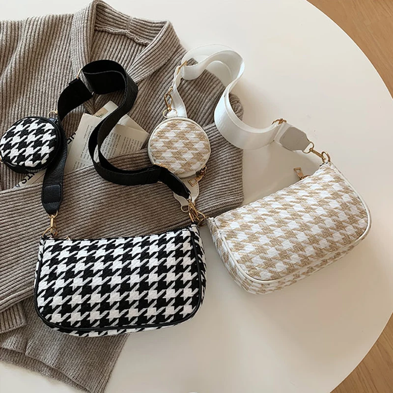 

Female Vintage Plaid Printing Shoulder Bags with Mini Round Purse Pendant Women's Bag Casual Small Crossbody Bags 2pcs Composite