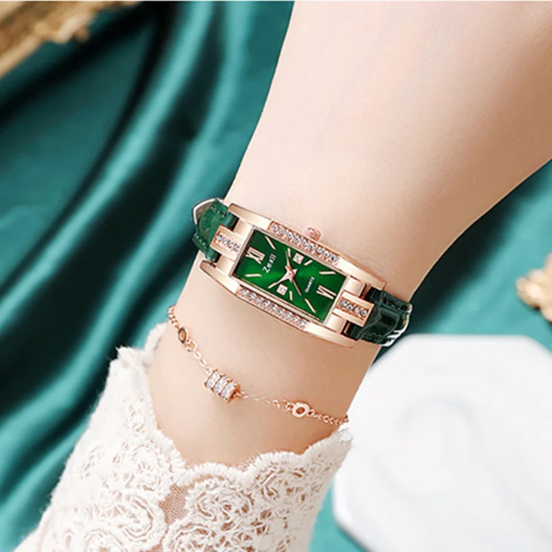 Women Green Rectangle Dial Watches Luxury Rhinestone Ladies Leather Strap Quartz Wrist Watches Reloj Mujer Zegarek Damski Montre