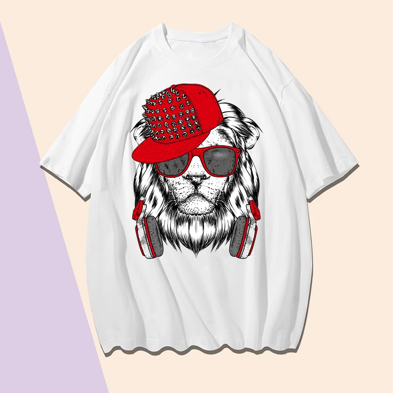

Red Willow Clover Hat Lion Printing T Shirt Short Sleeve Round Neck Loose T Shirt L XL XXL XXXL White Cotton Casual Clothing