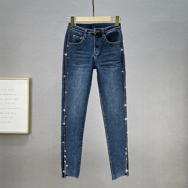 Фото Европейские товары Стразы обтягивающие джинсы женские тонкие бархатные
