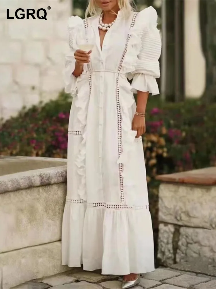 

LGRQ 2022 new summer fashion women dresses ruffles V-neck full sleeves pullover bubble sleeve holiday dress WV75400L