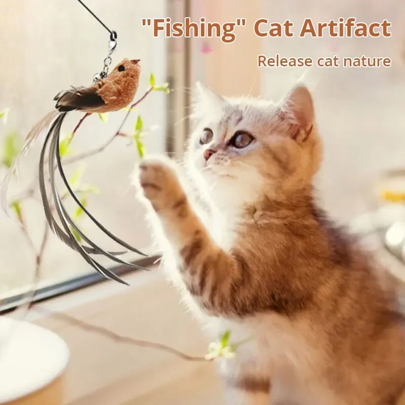 

Pet Toys Cat Teasing Stick Upgraded Epoxy Sucker Steel Wire Long Rod Feather Cat Self Hi No Harmful Ingredients Interactive Toys