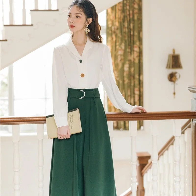 

Women's White Shirt and Green Long Skirts Two Piece Suit Spring High Waist A-line Skirt Sets Korean Fashion Casual Clothes E368