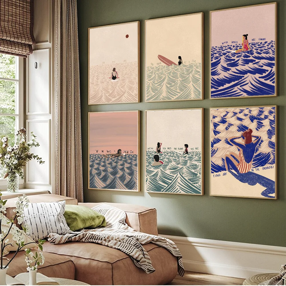 Пляжный человек девушка серфинг классический аниме-плакат необычная наклейка на