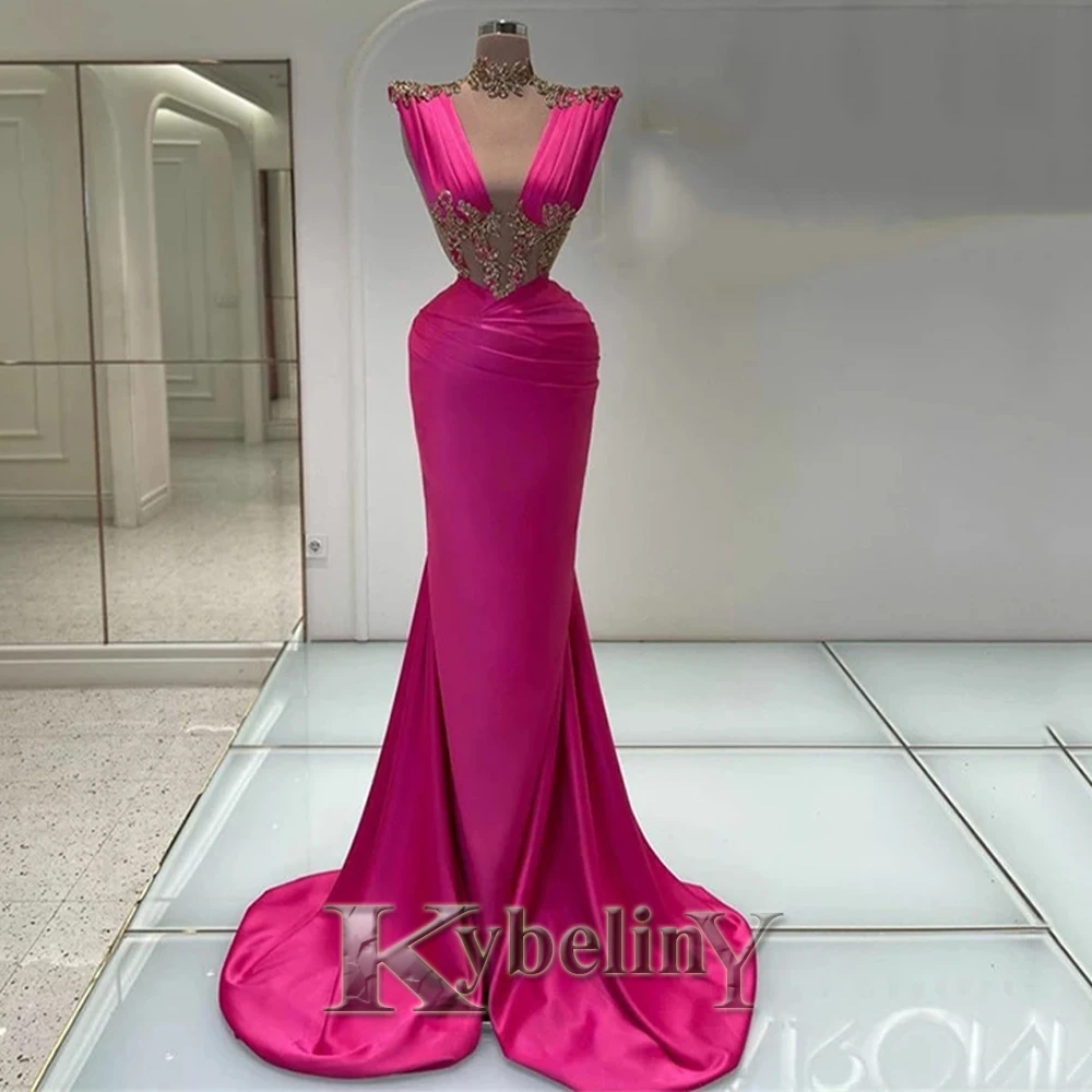 

Kybeliny Rose Red Prom Dresses Gold Appliques Evening Gowns Satin Mermaid Vestidos De Fiesta 2023 For Women Sexy Custom Tailor