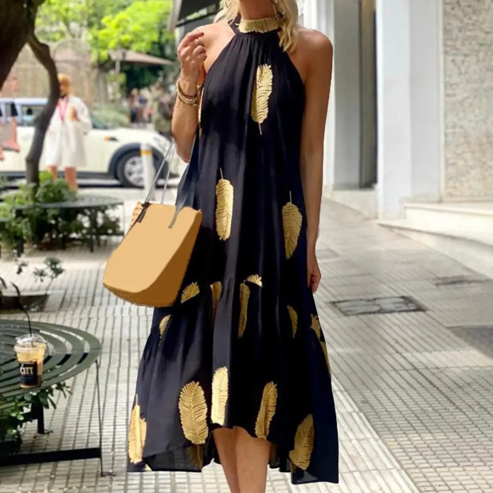 

Stylish Sleeveless Back Tied Off Shoulder Stitching Large Hem Women Dress Summer Casual Halter Feather Print Irregular Long Dres