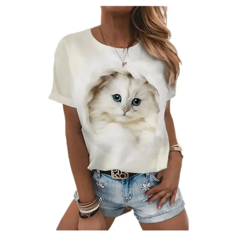 

Large size cat print T-shirt retro kawaii women's short T-shirt Korean style thin T-shirt summer new style women's clothing 2021