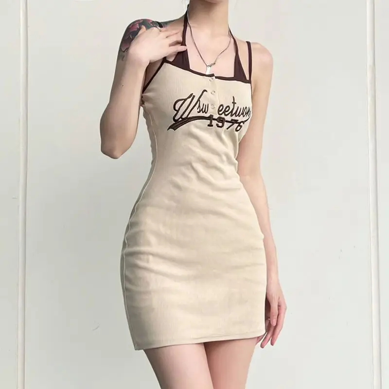 

Шикарные Модные женские платья Hikigawa в американском стиле с вышивкой контрастных цветов, уличная одежда, повседневные приталенные платья Y2k