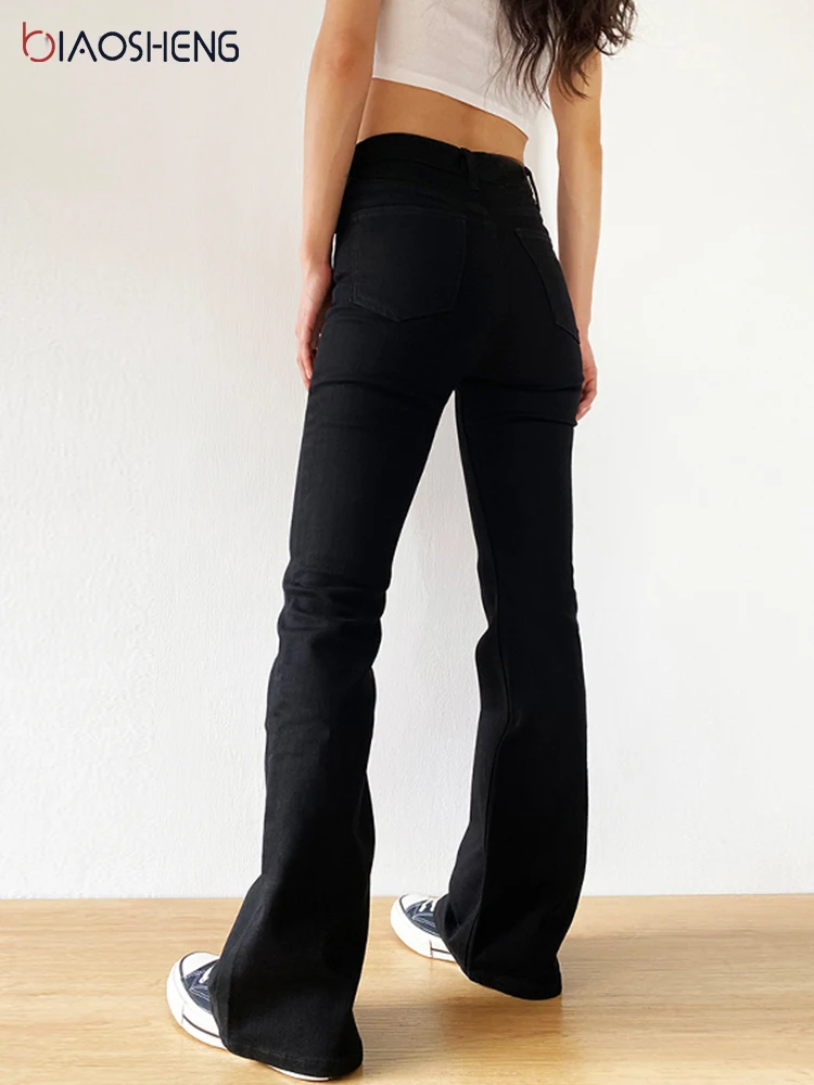 Flared Jeans Woman High Waist Denim Trousers For Female Vintage Clothes Fashion Black Full Length Oversize Wide Leg Pants 2021