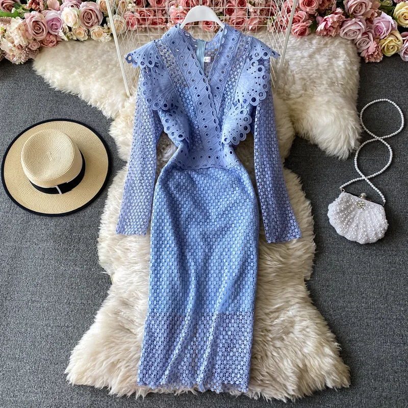 

Long Sleeve Elegant V-Neck Lace Dress Waist Slit Long Skirt Black
