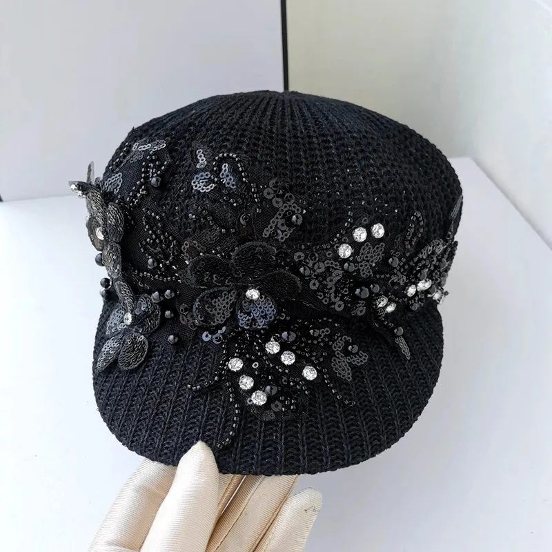 

202206-shi ins lace sequin Beaded sequins Shiny drill flower design knit Breathable lady newsboy hat Octagonal hat visors cap