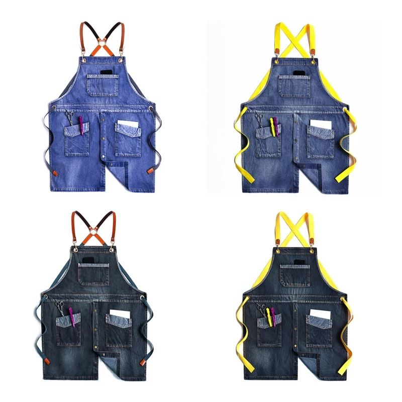 

Unisex for Cross Back Jean Bib Apron Buttons Front Washed Garden Work Apro