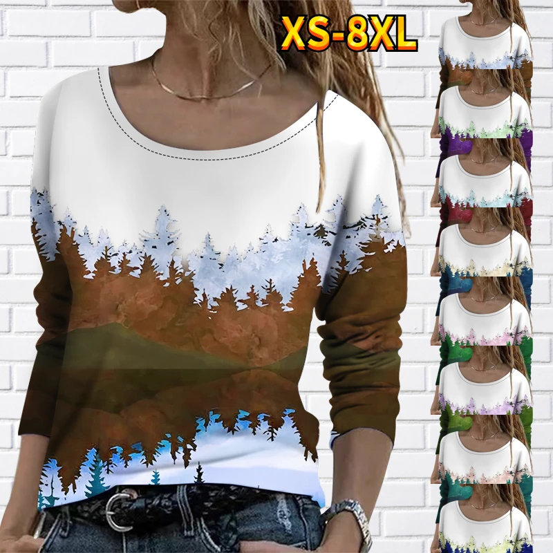 

Женская Повседневная футболка с принтом, элегантный облегающий пуловер большого размера с длинным рукавом и круглым вырезом, весна-осень
