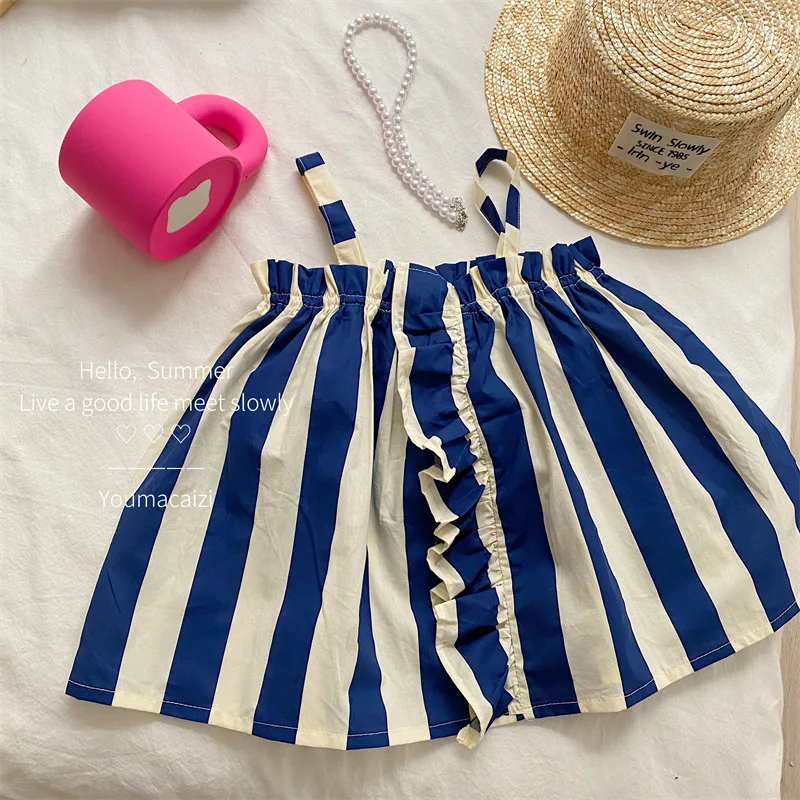 

2023 Summer New Children Sleeveless Shirts Baby Girl Loose Casual Cotton Top Toddler Cute Pleat Striped Sling Vest Kids Clothes