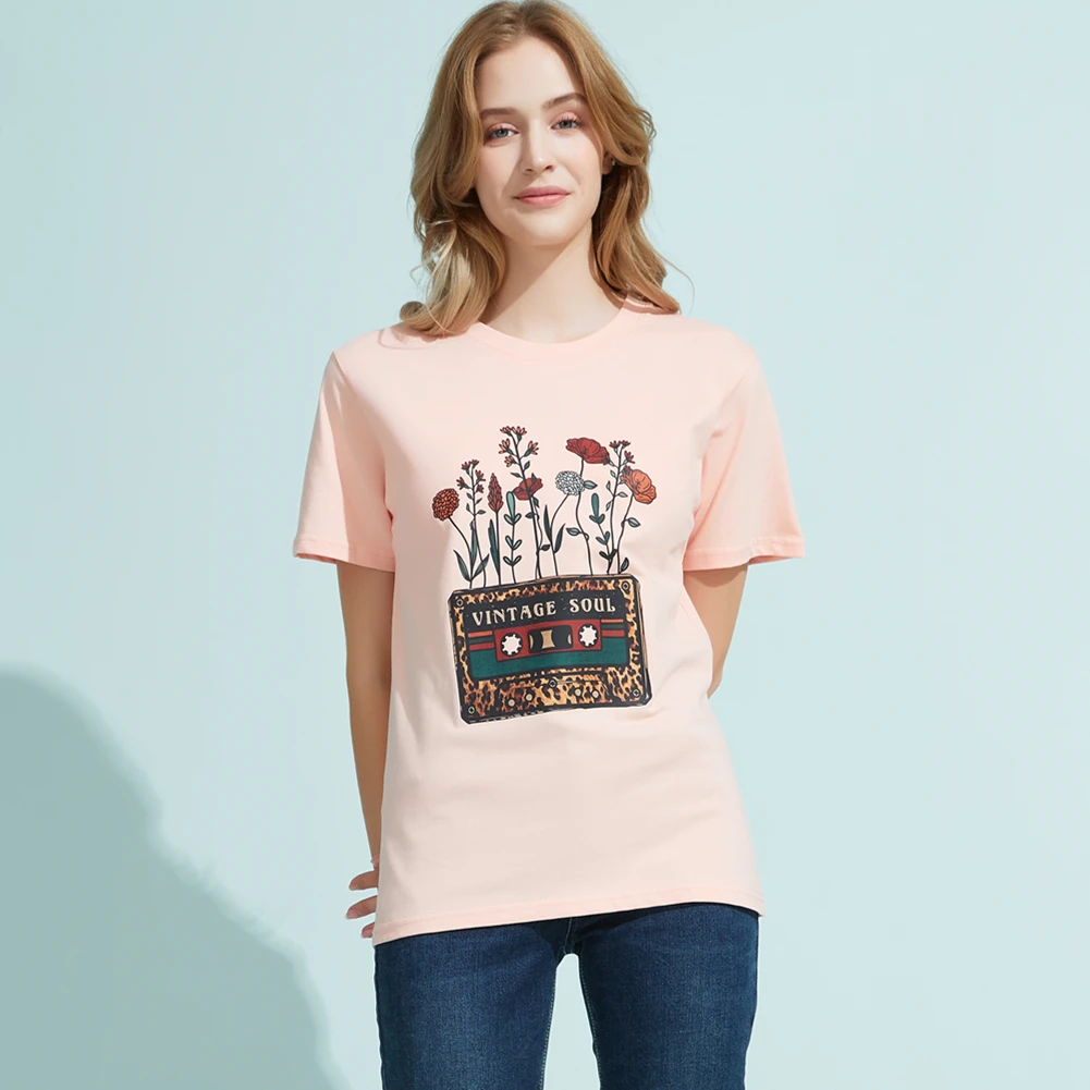 

Dlrn Vintage Soul Flowers and Tapes Print T-Shirt Minimalist Graphic Four Seasons Comfy Female T Shirt