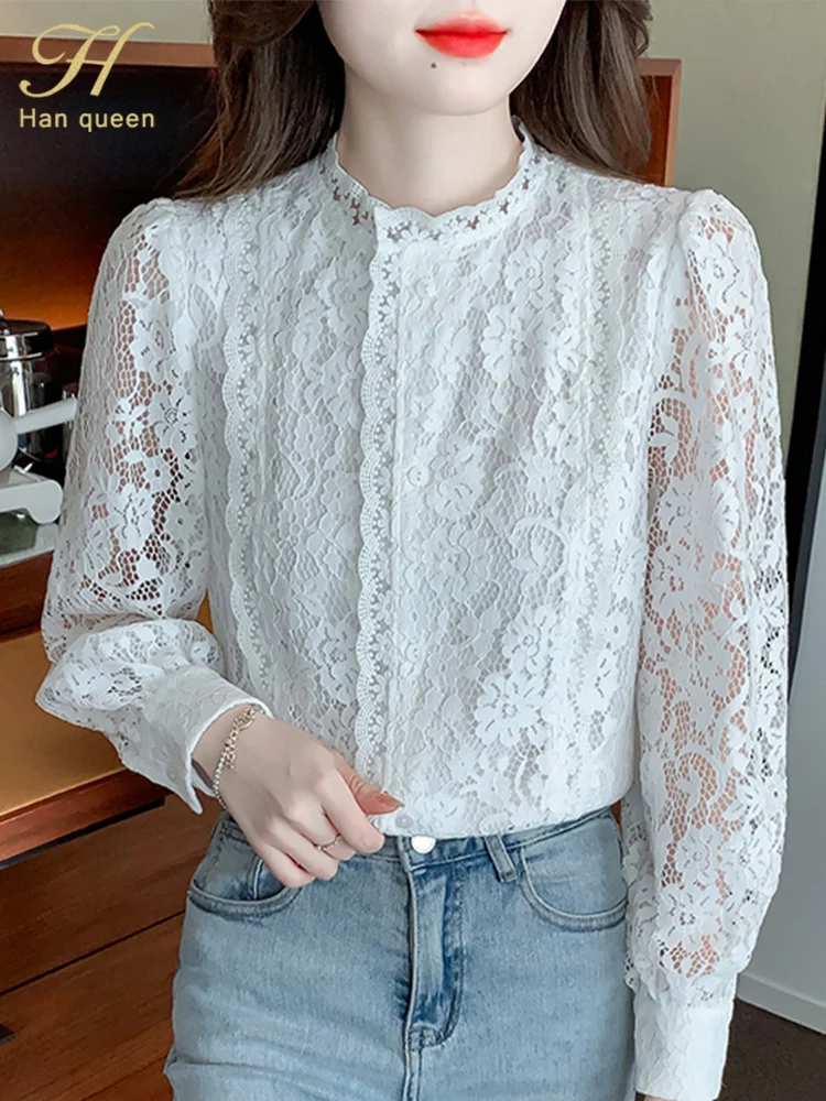 

Осенние Блузы H Han Queen, базовые офисные женские блузы, винтажные кружевные топы, элегантная Корейская шикарная блузка, женские свободные повс...