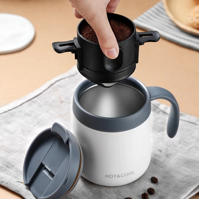 

Portable Coffee Maker Cup Set Coffee Filter Dripper Reusable Espresso Cups Travel Mug Thermal Mugs Stainless Steel with Spoon