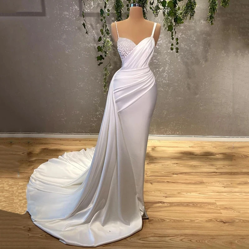 

White Mermaid Floor Length Robe De Mariee Customize Sexy Wedding Dresses For Women Charming 2023 Sleeveless Pearls Bride Dress