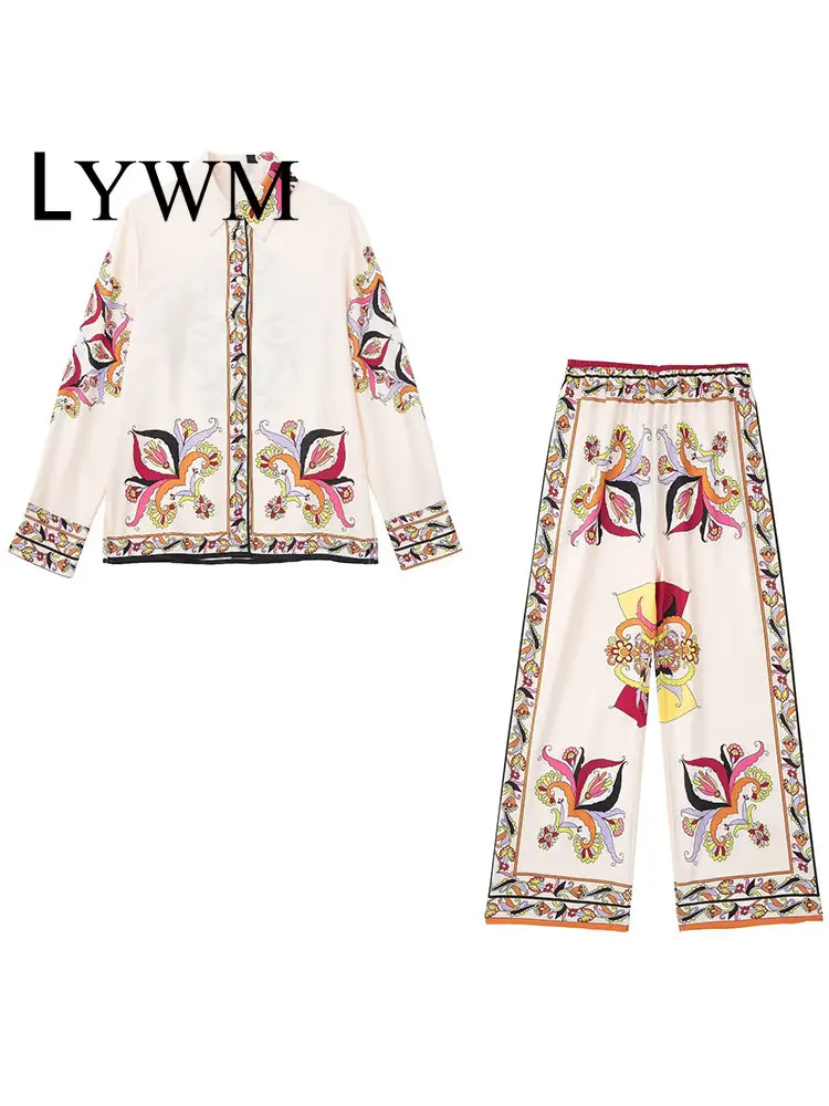 

LYWM Women Fashion Two Piece Set Printed Single Breasted Shirt Vintage Elastic Waist Trousers Feamle Chic Outfit Pants Sets