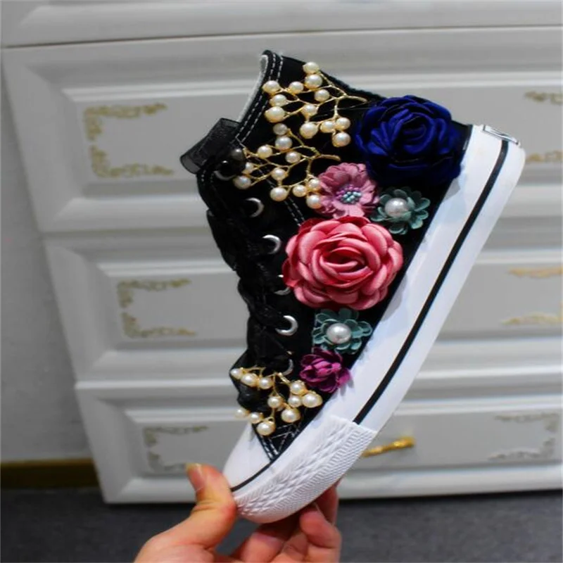 

Floral lace lace-up classic handmade custom canvas shoes Pearl casual sneakers men and women plus size 35-46